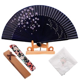 Jinchuan Women's Folding Fan, High-end Business Folding Fan Case, Handkerchief Included, Set, Cherry Blossom, Rabbit, Japanese Style, Original Design, cherry blossom - black