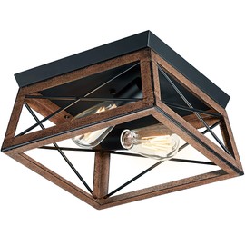 Pia Ricco Farmhouse Flush Mount Ceiling Light Fixture, Outdoor Porch Ceiling Lights, Rustic Industrial Style Square Close to Ceiling Light for Entry, Hallway, Kitchen, Patio, 2-Light, Brown