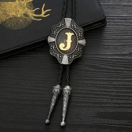 Btilasif Bolo Tie Western Cowboy Intial Letters Bolo Tie ABCDJMR to Z Leather Necktie Jewelry Accessories for Men Women,J