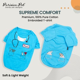 Parisian Pet Doctor Woof Shirt - Embroidered Pirate Costume - Cotton & Polyester Outfit - Sleeved Clothes - Blue Funny Shirts for Large Dogs - Pet Costumes - 3XL