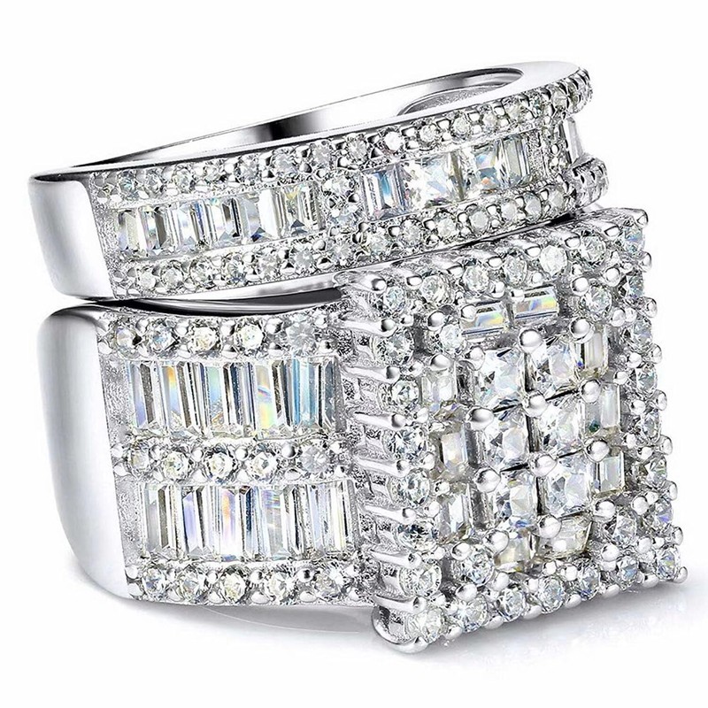 Pophylis Platinum Over Sterling Silver Big Womens Bridal Rings Set