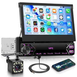 Single Din Flip Out Touchscreen Car Stereo, 7inch Car Stereo with Bluetooth Car Audio Receivers, Backup Camera, FM Radio/Mirror Link/USB/AUX/TF/Type-C Fast Charging