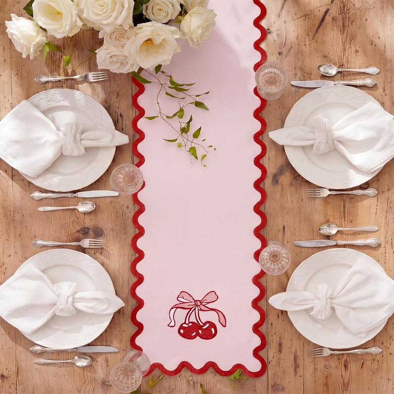 Breling Pink Bow Cherry Table Runner 70 Inches Coquette Scalloped