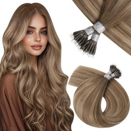 Vivien Balayage Nano Hair Extensions Real Human Hair Brown Hair Extensions Nano Brown to Golden Brown Nano Ring Hair Extensions 50g/50s 18Inch #8/18/8