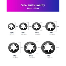 ANVINKU 400PCS Locking Washers, Compatible with Star-lock Washers, 7 Sizes Push On Speed Lock Washer Assortment Kit, M3/M4/M5/M6/M8/M10/M12 65Mn Steel Black Washer for Automotive, Machinery