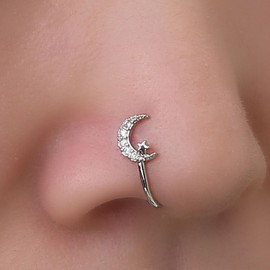 Andelaisi Punk Crystal Moon Clip On Nose Ring Silver Crescent Star Fake Nose Ring Vintage CZ Moon Star Nose Ring Silver Crescent Star Fake Nose Ring Non Pierced Nose Ring Jewelry for Women