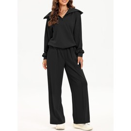 Aleumdr Womens 2 Piece Outfits Sweatsuits Wide Leg Sweatpant Lounge Matching Sets Womens Lounge Set Half Zip Sweatshirt Oversized Pullover Tracksuit 2024 Fall Travel Clothing Set Black