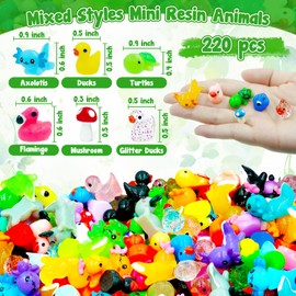 220 Pcs Mini Resin Animals Figurines Tiny Ducks Miniature Resin Axolotls Flamingo Mushrooms Turtle to Hide Garden Decoration Micro Landscape Aquarium Easter Gift