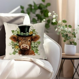 QIONG MENG St Patricks Day Pillow Covers 18x18 Inch Cow Shamrock Floral Throw Pillowcase Happy St. Patrick's Day Cushion Case for Home Sofa Living Room Decor