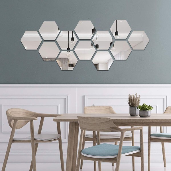 decalmile 12 Pieces Acrylic Hexagon Mirror Wall Sticker Decal Living Room Bedroom Home Wall Art Decor (Hexagon, Silver)