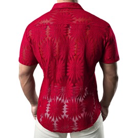 JOGAL Mens Floral Lace Shirt See Through Casual Button Down Shirts Red Large