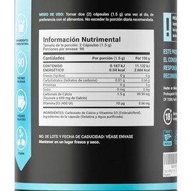 Calcio y Vitamina D3 concentracin de 1500 mg de Carbonato de Calcio (equivalente a 600 mg de Calcio). Ingredientes Naturales en 180 Cpsulas. Calcium  