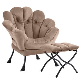 Welnow 2025 Lazy Chair with Ottoman, Comfy Reading Chair Lounge Accent Chair Modern Floral Chair with Footrest Butterfly Leisure Living Room Chair for Small Spaces, Bedroom, Dorm Room, Velvet Khaki