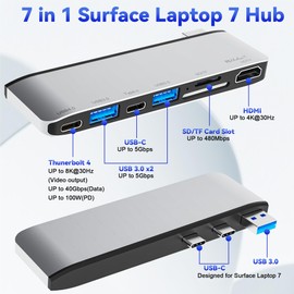 Surface Laptop 7 USB Hub Docking Station, Surface Laptop 2024 Accessories with 4K HDMI, USB-C Thunerbolt 4 (8K Display+40G Data+100W Charging), 2 USB 3.0, USB-C, SD/TF, hub for Surface Laptop 7 (2024)