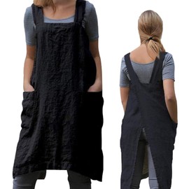 ZQFFB Pinafore Delantal cruzado para mujer con bolsillos, bata japonesa para trabajo, jardinería, cocina, pintura, horneado