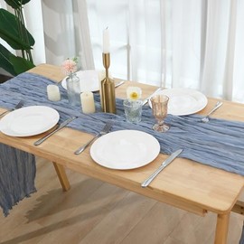 Fixwal - Juego de 8 caminos de mesa de gasa azul polvoriento, estilo bohemio plisado, decoración de mesa larga semitransparente para fiestas, duchas, cumpleaños y bodas (35 x 120 pulgadas)
