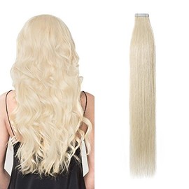 24 inch Tape in Hair Extensions Human Hair Full Head 100% Remy Skin Weft Soft Silky Straight Real Hair Extension (20pcs,50g,#60 Platinum Blonde)