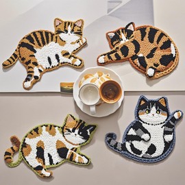 OT-NVWOZR Creative Cute Cat Coaster, Funny Woven Coasters for Desk, Cute Crochet Drink Coasters Gifts for Cat Lovers, Knitted Insulation Tea and Coffee Coasters for Home Bar Office Table Decor (4)
