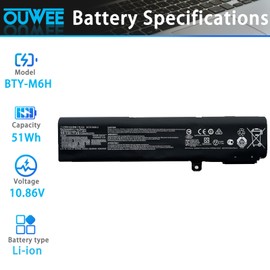 OUWEE BTY-M6H Laptop Battery Compatible with MSI GE62 2QC 2QE 6QC 6QD 6QF GE72 2QC 2QD 2QE 6QC 6QD 6QF Series Notebook 3ICR19/65-2 10.86V 51WH 4730mAh 6-Cell