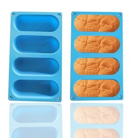 AKINGSHOP Hot Dog Bun Pan - 2 Pack 4 Cavity Silicone Hot Dog Bun Molds, Non-stick French Bread Pan, Baguette Baking Tray for Sandwich Hot Dog Bun Rolls