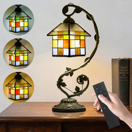 JHuiLap Tiffany Stained Glass Lamp with Remote Control, Stepless Dimming & 3 Color Temperature Adjustment, 8 Inch Metal Leaf Base Included LED Bulb for Bedroom Living Room (Diamond House)