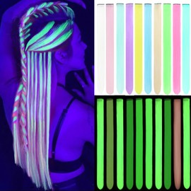 10pcs Colored Hair Extensions 18inch Straight Colorful Clip in Hair Extension Rainbow Synthetic Hairpiece Glow in the Dark Hair Accessories