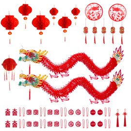 38PCS Chinese New Year Decorations 2026-50in 3D Chinese Dragon Garland - Hanging Dragon Lanterns Set with Horse Year Felt Ornaments - Lunar New Year Spring Festival Home Decor