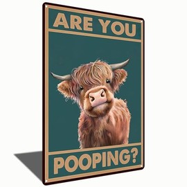 Vintage Funny Highland Cow Are You Pooping Tin Sign for Bathroom Toilet Wall Decor 8 X 12 Inch (2496)