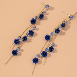 TOFBS Earrings for Women Rose Flower Pendant Long Tassel Earrings S925 Sterling Silver Cubic Zirconia Dangly Drop Retro Boho Statement Earrings for Women and Girls Blue