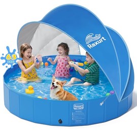 63in Kiddie Pool with Canopy - Large Foldable Toddler Pool with Detachable UPF 50+ Sunshade, Portable Non-Slip Kids Swimming Pool Collapsible Dog Pool for Outdoor Backyard Beach