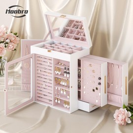 HOOBRO Jewelry Box with Mirror, Travel Jewelry Organizer with Glass Window, Vertical Storage, Christmas Gift, Gift for Loved Ones, for Earrings, Rings, Necklaces, Bracelets, White WT03JB04G2