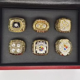 RyDdpz GIFT SET PITTSBURGH RUGBY 1974-75 1978-79 2005 2008 6-TIMES WORLD CHAMPIONSHIP RING, 6 RINGS SET WITH 6-HOLE WOODEN DISPLAY BOX PACKAGING, HOLIDAY GIFT FOR BASEBALL FANS