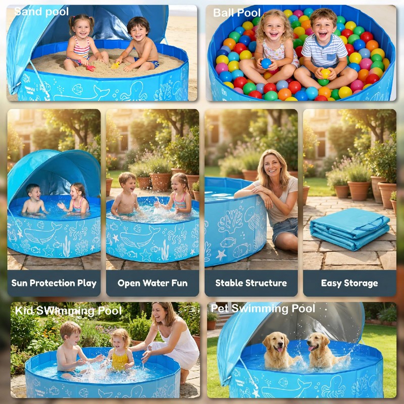 Kiddie Pool with Canopy - 47 in Foldable Kids Pool,