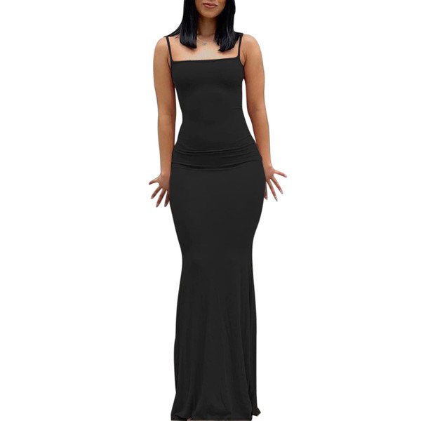 Women Spaghetti Strap Sleeveless Long Dress Solid Color Bodycon Fish Tail Dress Party Evening Maxi Dress (Black, XS)