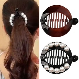 Pearl Banana Hair Clip for Girls - French Comb Black Claw Fish Clips Non-Slip Ponytail Holders for Thin Thick Hair Accessories Barrettes 2Pcs