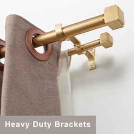 Kemmie Double Curtain Rods with Square Heavy Duty Aluminum Alloy Finials 36 to 72” Telescoping Rod 1 Inch Diameter Front Rod and 5/8 Inch Diameter Back Rod Window Drapery Rods, Warm Gold