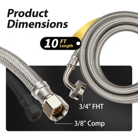 Pack of 1 Foskan 10FT Braided Stainless Steel Dishwasher Hose, 3/8” comp x 3/4” FHT Water Supply Line with 90 Degree FGH Elbow (10FT)