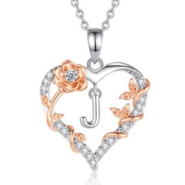 EUDORA Rose Heart Initial J Necklace for Women Letter J Alphabet Initial Necklaces Copper Rhodium Plated Pendant with Cubic Zirconia, Initials Jewelry Gifts for Women Wife 18"