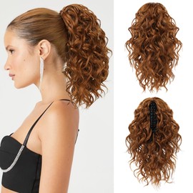 Flufymooz Ponytail Extension, 12" Short Claw Ponytail Extension Wavy Curly Jaw Clip in Pony tails Hair Extension Natural Synthetic Hairpiece for Women (Copper Red)