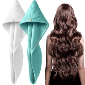 YFONG 2 Pack Large Microfiber Hair Towel Wrap for Women, Thicken Super Absorbent Quick Dry Hair Turban for Drying Curly Long Thick Hair Anti Frizz, Hair Drying Towel with Button for Wet Hair