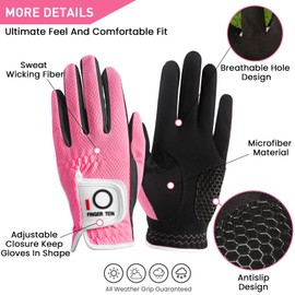 FINGER TEN Womens Golf Glove Right Handed Golfer Left Hand Rain Grip Hot Wet All Weather Value 2 Pack, Golf Gloves Breathable Flexible for Ladies Women (Rose&Black-2 Pack Worn On Left Hand, Large)