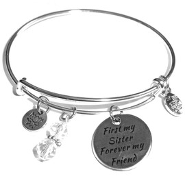 Hidden Hollow Beads Women's Stainless Steel Message Charm Expandable Wire Bangle Bracelet, Popular, Stylish and Trendy, Arrives in a Gift Bag. (First My Sister Forever My Friend)
