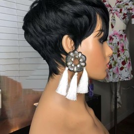 Tgezer Pixie Wigs for Black Women Short Pixie Cut Wig Human Hair Short Glueless Layered Wigs Straight Full Machine Made Wig Wear and Go Black Color