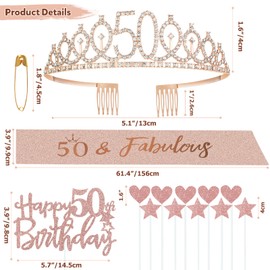 Jonvell 50th Birthday Sash and Tiara for Women, Rose Gold Birthday Sash and Crown 50th Birthday Women Gifts for 50th Birthday Party Decoration