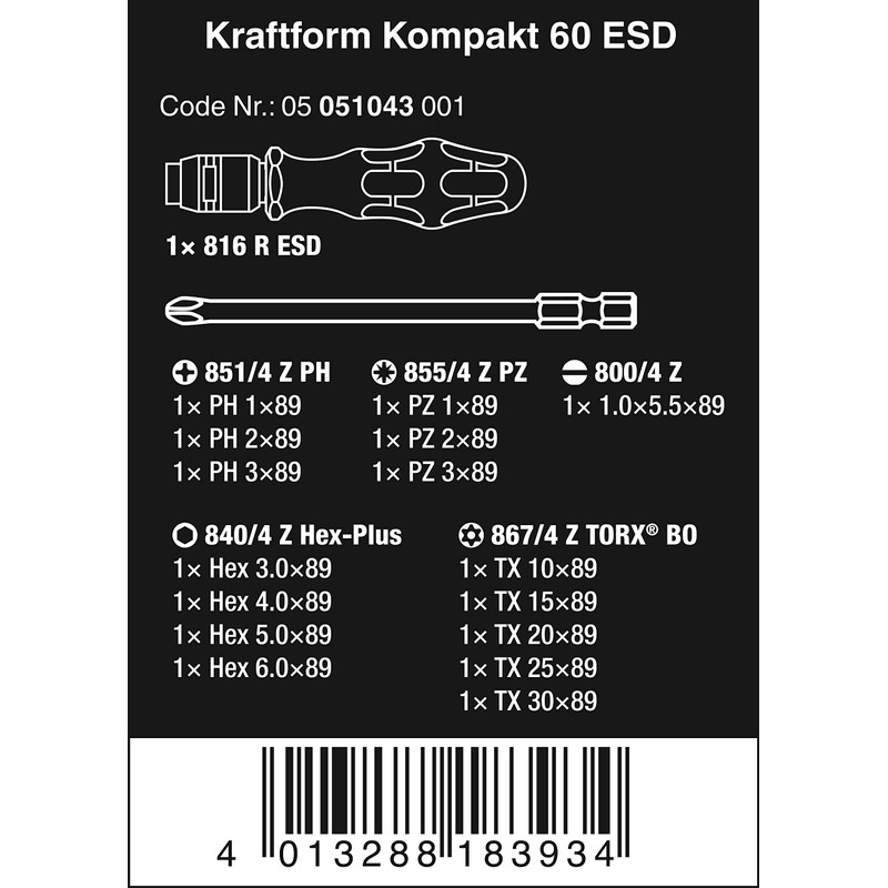 Wera 05051043001 Tool Set, Kraftform Kompakt 60, ESD Antistatic Protection,