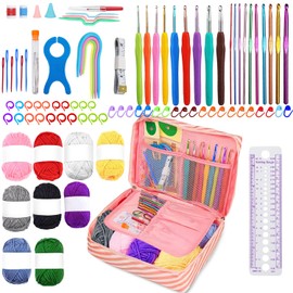 LOSYHU 102Pcs Beginners Crochet Kit for Adults Knitting Yarn Kit Crochet & Knitting Accessories Kit Including Ergonomic Metal Crochet Hooks 2mm to 6.5mm, 9pcs 25g Yarn Balls, Crochet Bag Kit (Pink)