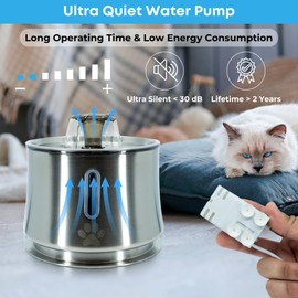 Okys Cat Water Fountain - Stainless Steel Cat Water Fountain 84.5 Oz/2.5L Pet Water Fountain Dog Water Fountain with Water Level Window and LED Light