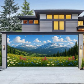 HOMETITUTE Spring Summer Garage Door Banner Garage Door Cover 13x6ft Scenic Backdrop Mountain Meadow Forest Nature Landscape for Outdoor Spring Summer Decor Wall Backdrop Decor Photo Prop Background