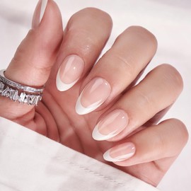 BTArtbox French Press On Nails, Short Almond Nude, French Artificial Fake Nails for Sticking, Short Artificial Fingernails with Nail Glue, Pack of 30 Almond Nails for Sticking on for Women and Girls