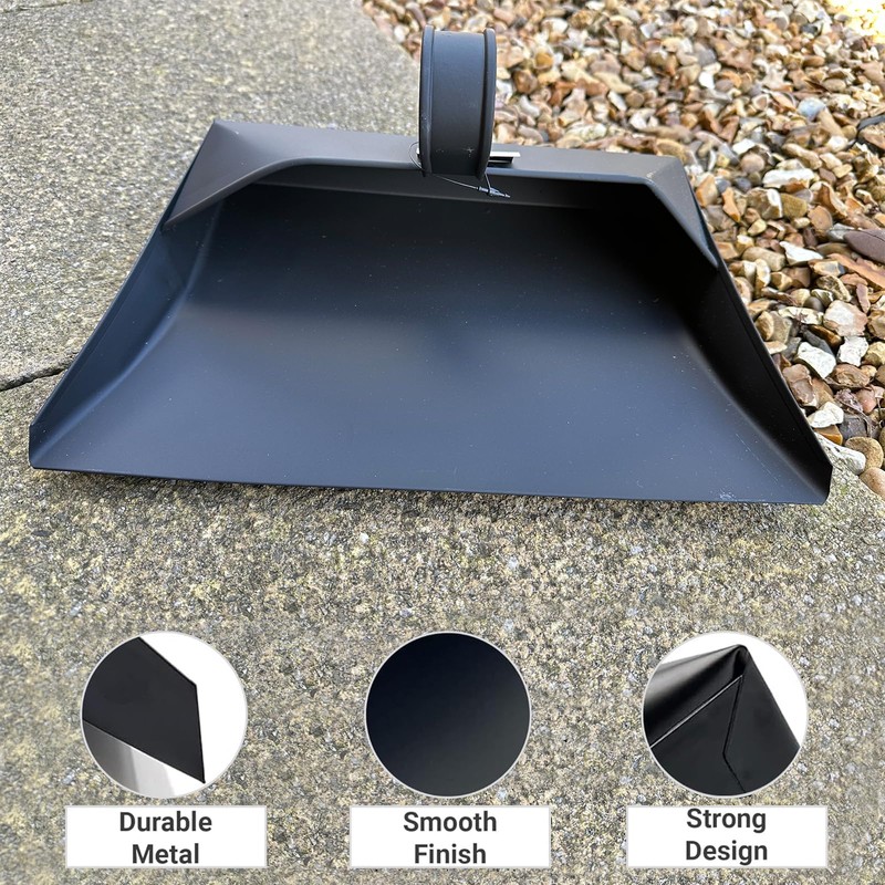 Heavy Duty Metal Dustpan with Handle Industrial Design Large Black